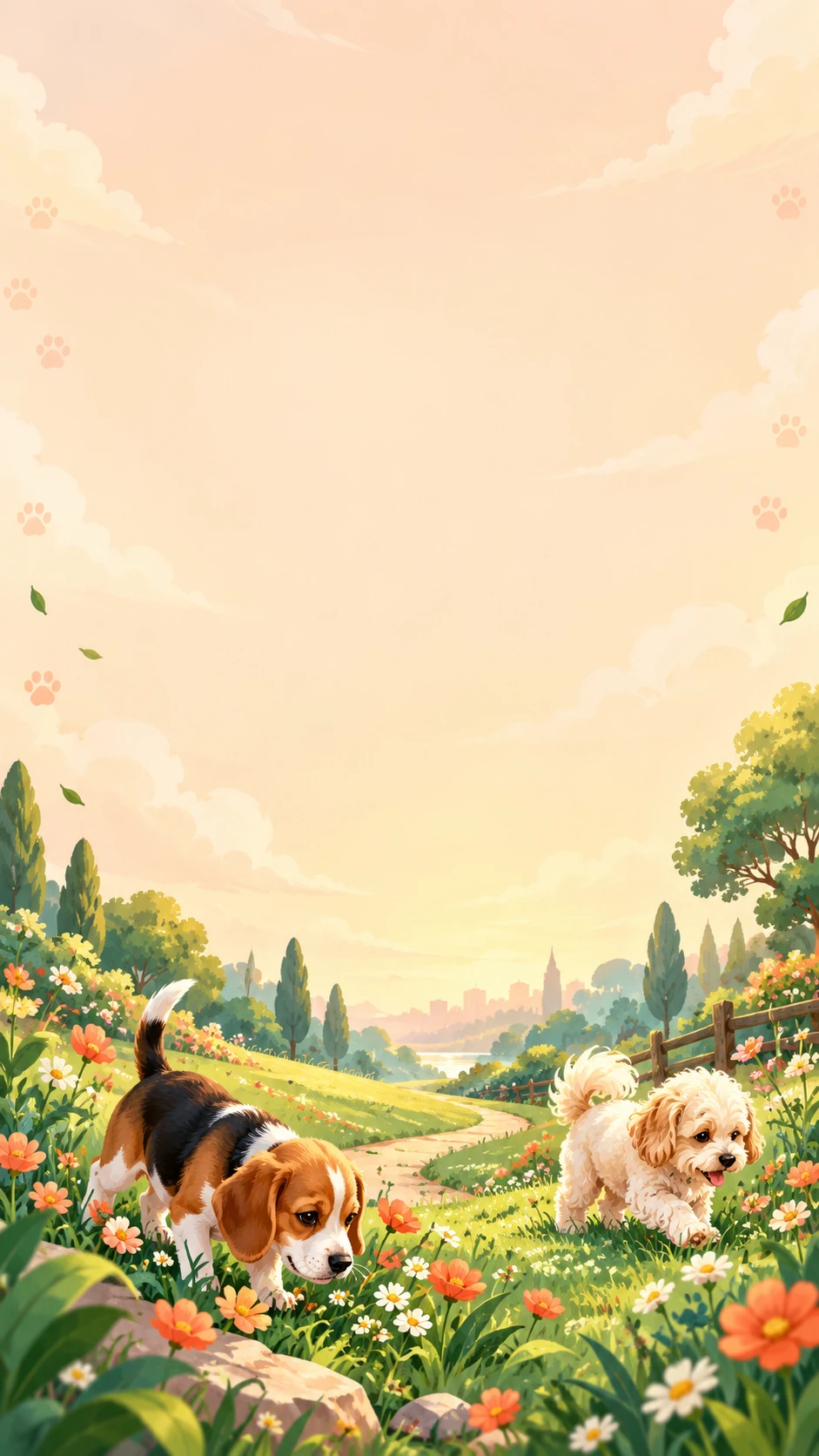 Playful SNIFLO garden illustration with dogs exploring
